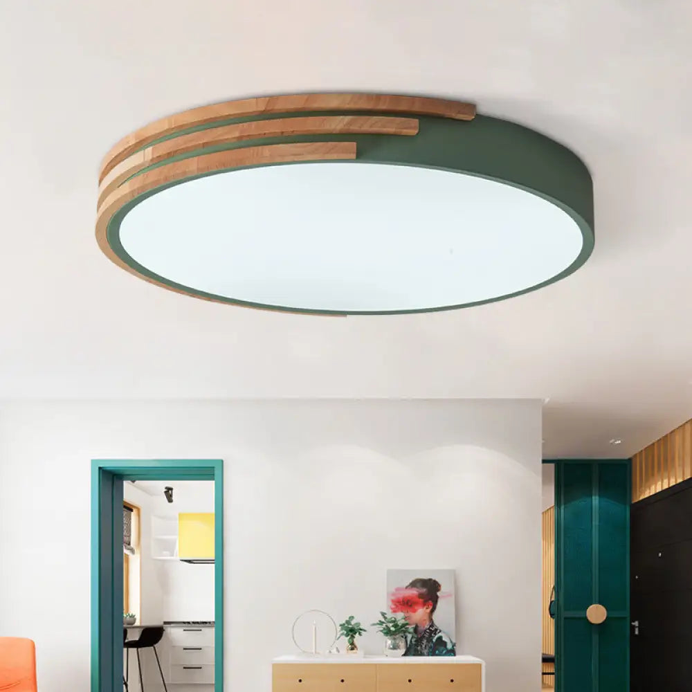 Circular Wood Ceiling Light Flush Mount 16 Inch | Low Profile Modern LED Fixture for Bedroom Living Room Dining Room | Slim 2 Inch Depth