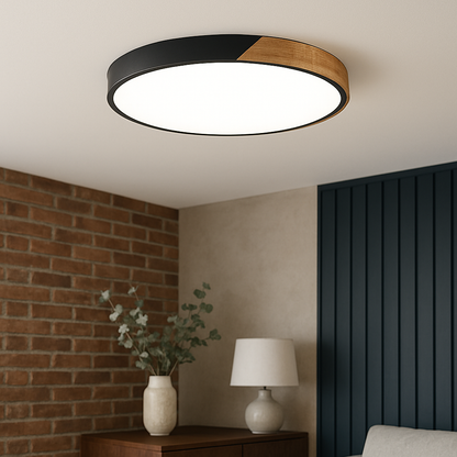 Wood LED Ceiling Light Fixture Round Flush Mount Modern Nordic Design for Bedroom Living Room – Black or White Finish