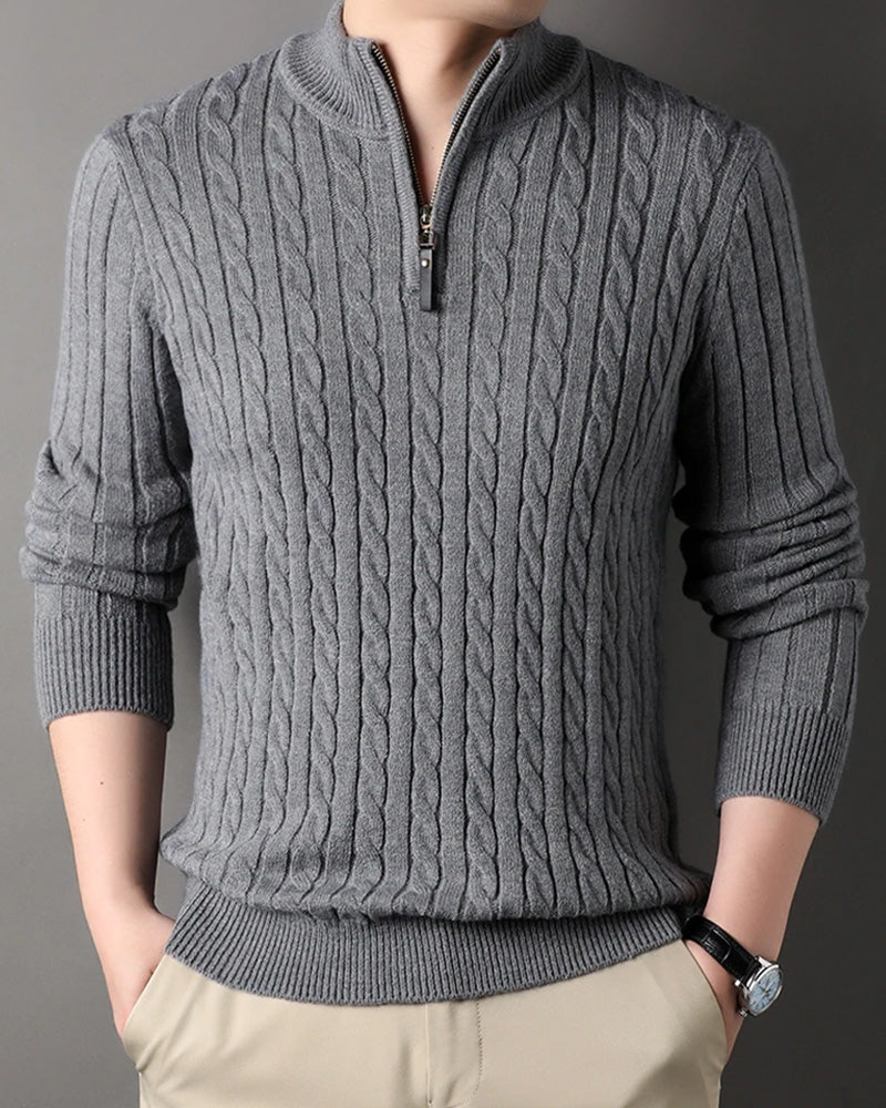 Men's Cable Knit Half-Zip Pullover Sweater – Classic Fit Ribbed Collar Knitwear for Casual & Smart Occasions