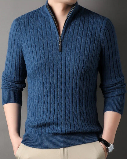 Men's Cable Knit Half-Zip Pullover Sweater – Classic Fit Ribbed Collar Knitwear for Casual & Smart Occasions