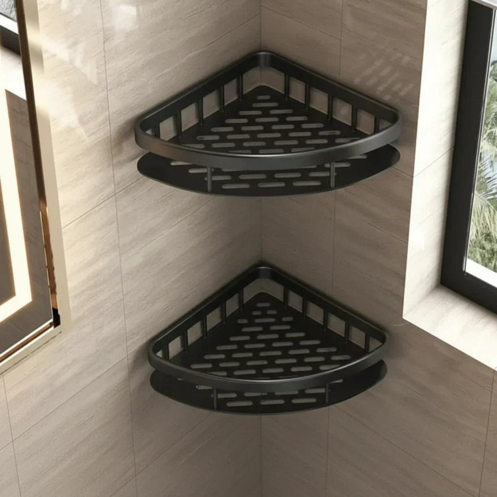 Adhesive Bathroom Corner Shelf - No Drill Wall Organizer with Strong Hold for Shampoo, Soap & Toiletries - ABS & Stainless Steel