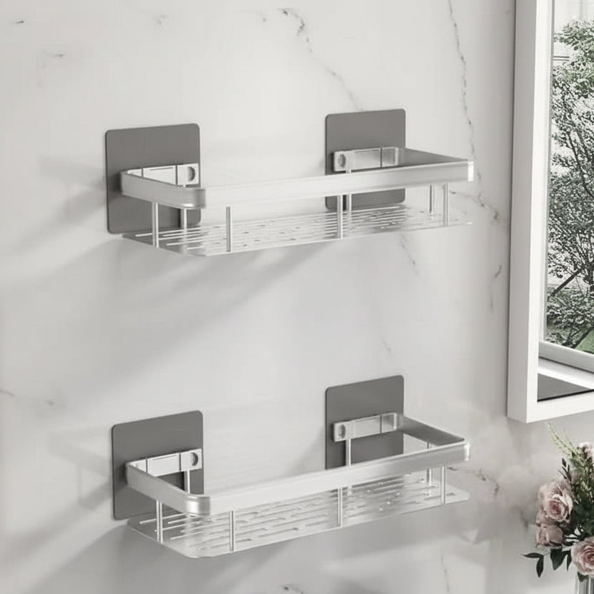 Adhesive Bathroom Corner Shelf - No Drill Wall Organizer with Strong Hold for Shampoo, Soap & Toiletries - ABS & Stainless Steel