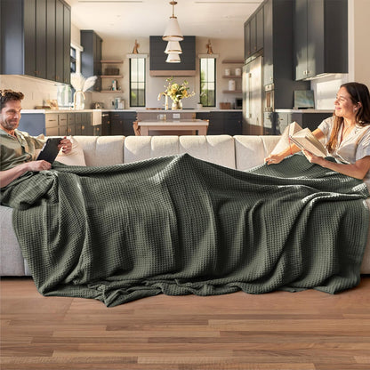 Cotton Throw Blanket for Bed, Waffle Weave Queen Size Blanket for All Seasons, Soft Breathable Cotton Blanket for Couch