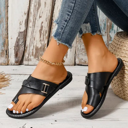 Women's Leather Slide Sandals with Adjustable Straps - Orthopedic Arch Support Slippers for All-Day Comfort & Pain Relief