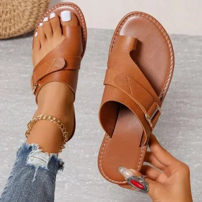 Women's Leather Slide Sandals with Adjustable Straps - Orthopedic Arch Support Slippers for All-Day Comfort & Pain Relief