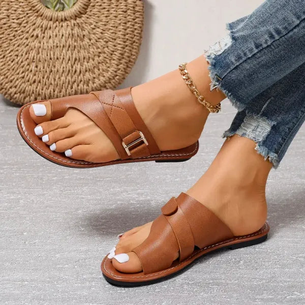 Women's Leather Slide Sandals with Adjustable Straps - Orthopedic Arch Support Slippers for All-Day Comfort & Pain Relief