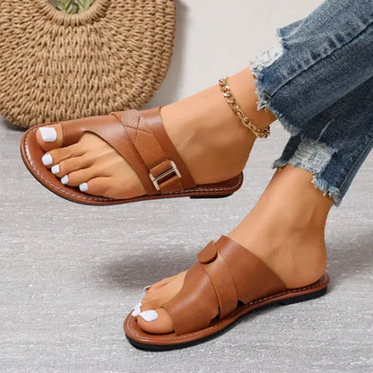 Women's Leather Slide Sandals with Adjustable Straps - Orthopedic Arch Support Slippers for All-Day Comfort & Pain Relief