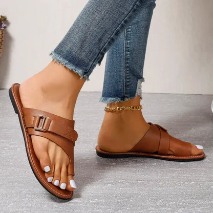 Women's Leather Slide Sandals with Adjustable Straps - Orthopedic Arch Support Slippers for All-Day Comfort & Pain Relief