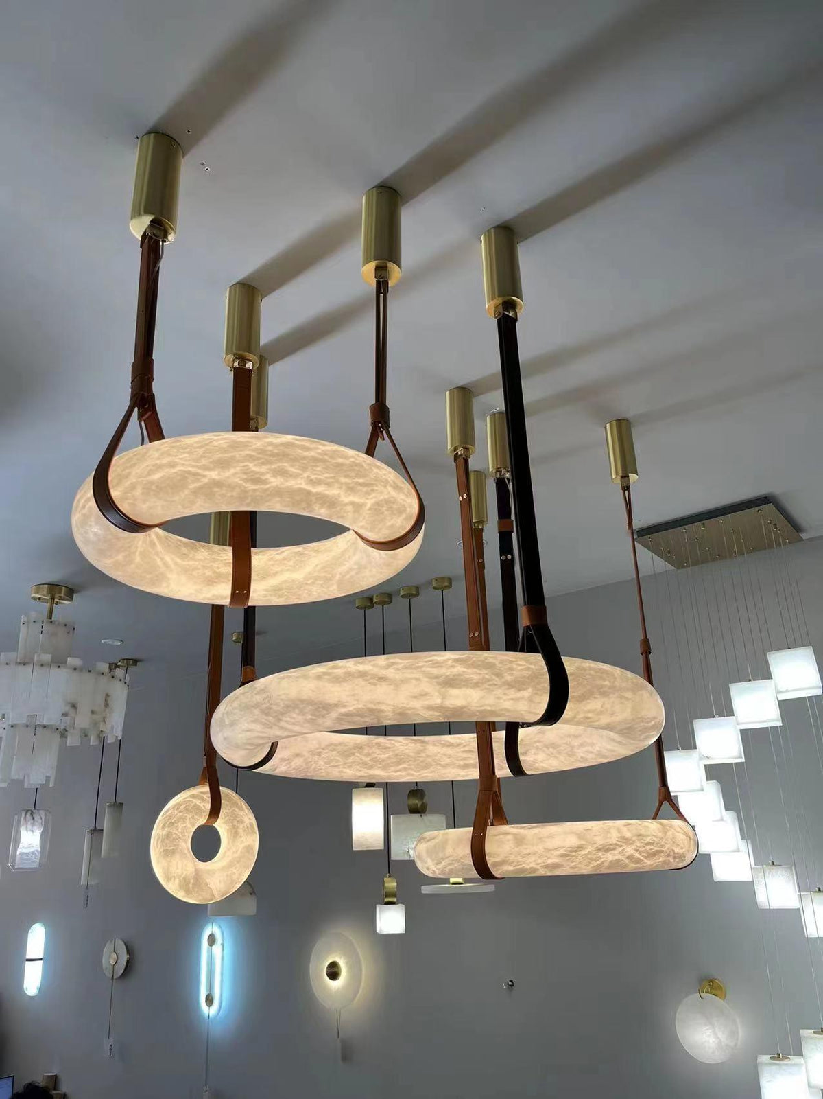 LED Ring Ceiling Fixture in Alabaster Stone – Adjustable Halo Chandelier for Open Dining Areas, Great Rooms & Hospitality – 47 in Circle Sus