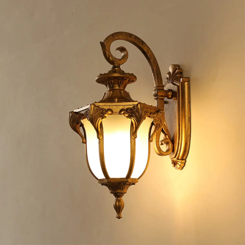 Outdoor Wall Sconce with Curved Arm and Frosted Glass Shade - Porch Lantern for Front Door, Patio, Entryway, or Garage - Vintage Rustic