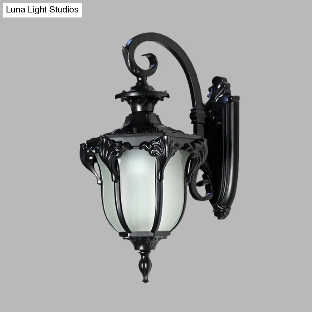 Outdoor Wall Sconce with Curved Arm and Frosted Glass Shade - Porch Lantern for Front Door, Patio, Entryway, or Garage - Vintage Rustic