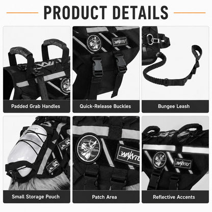 Ortekor Outdoor Dog Harness & Bungee Leash Set with Dual Handles, Storage Pouch & Patch Accessories for Hiking, Walking and Everyday Adventures
