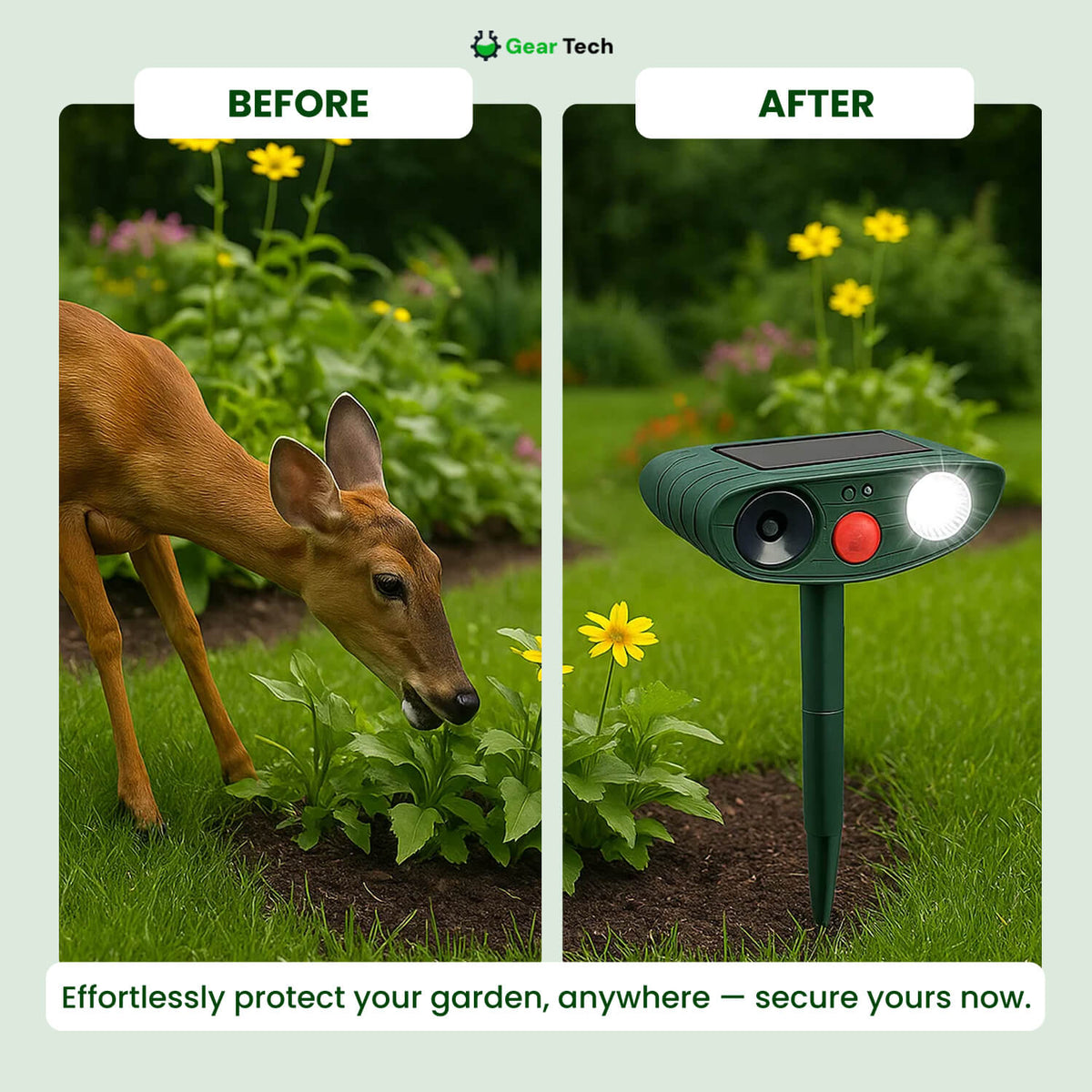Motion-Activated Animal Deterrent with Solar Panel for Yard Protection | Ultrasonic Pest Control Device for Deer Dogs Raccoons