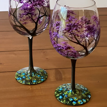 Hand-Painted Seasonal Tree Wine Glass Set – Artistic Stemmed or Stemless Design for Home Entertaining & Collectors