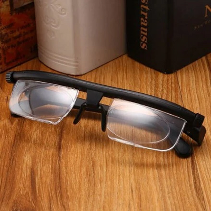 Dial-Adjustable Reading Glasses with Variable Focus Lenses for Near and Far Vision Clarity