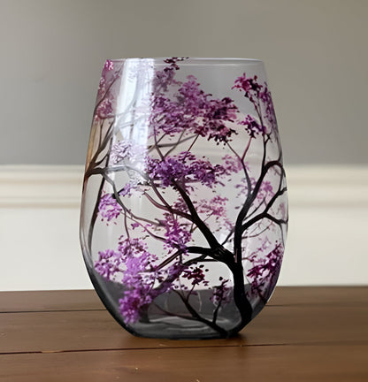 Hand-Painted Seasonal Tree Wine Glass Set – Artistic Stemmed or Stemless Design for Home Entertaining & Collectors