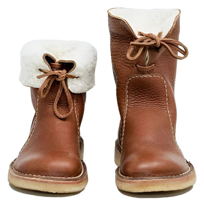 Women's Waterproof Leather Ankle Boots with Natural Wool Lining – Handcrafted Winter Footwear with Adjustable Fold-Over Collar for Cold
