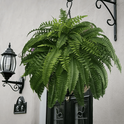 UV-Protected Synthetic Boston Fern Hanging Plant 28 Inches Wide Green Foliage for Porch Patio Indoor Outdoor Home Decor No Watering Needed