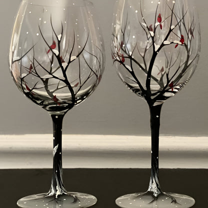 Hand-Painted Seasonal Tree Wine Glass Set – Artistic Stemmed or Stemless Design for Home Entertaining & Collectors