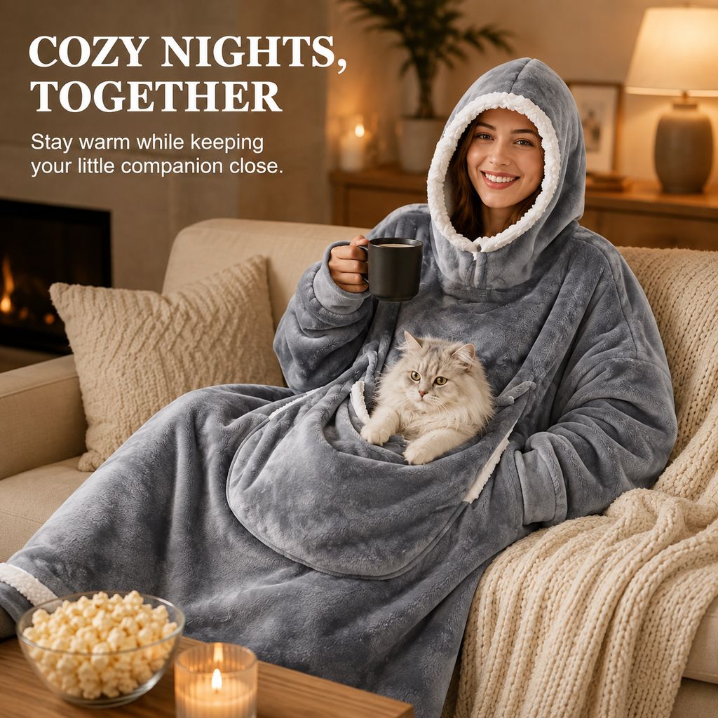 Ortekor Oversized Sherpa Wearable Blanket Hoodie with Pet Pouch for Cats & Small Pets – Extra-Long Cozy Lounger for Couch, TV & Cold Nights