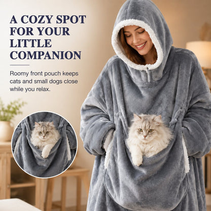 Ortekor Oversized Sherpa Wearable Blanket Hoodie with Pet Pouch for Cats & Small Pets – Extra-Long Cozy Lounger for Couch, TV & Cold Nights