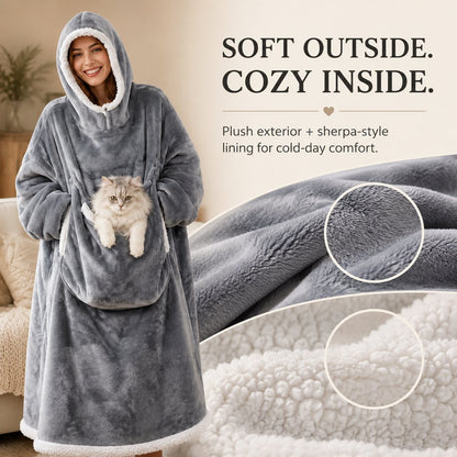 Ortekor Oversized Sherpa Wearable Blanket Hoodie with Pet Pouch for Cats & Small Pets – Extra-Long Cozy Lounger for Couch, TV & Cold Nights