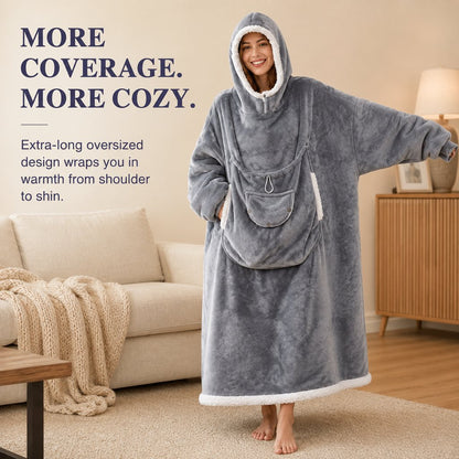 Ortekor Oversized Sherpa Wearable Blanket Hoodie with Pet Pouch for Cats & Small Pets – Extra-Long Cozy Lounger for Couch, TV & Cold Nights