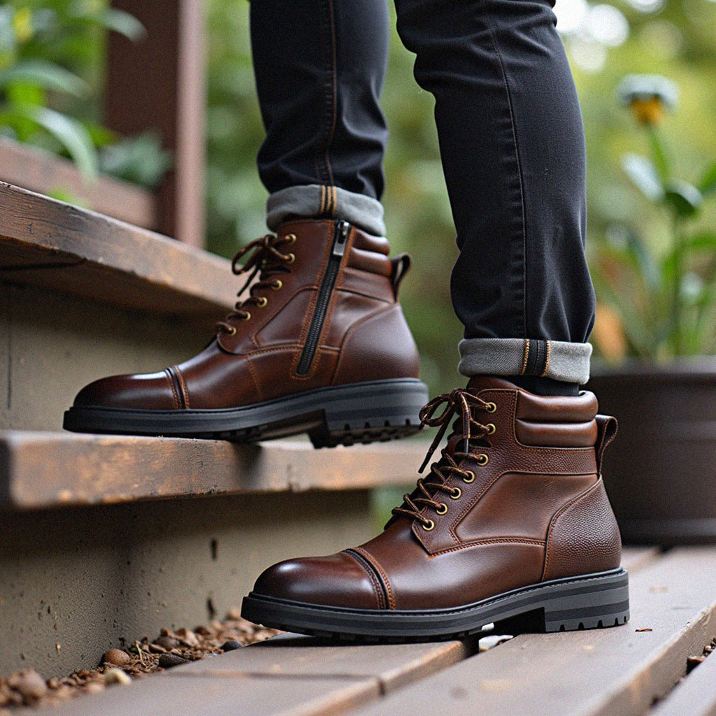 Men's Waterproof Leather Combat Boots with Reinforced Stitching & Anti-Slip Sole for Work, Hiking & Everyday Wear