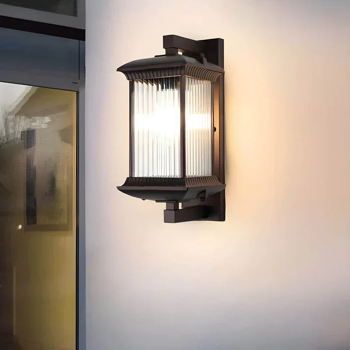 Outdoor Wall Lantern with Ribbed Glass Panels and Coffee Bronze Finish for Entryway, Patio and Garden | E27 Socket 85-265V AC