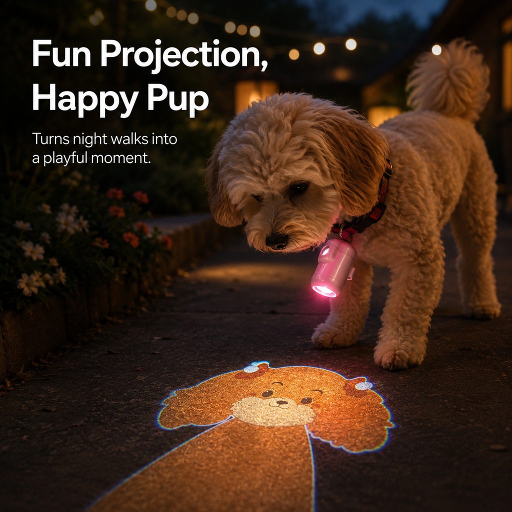 Ortekor PawGlow Pink Breed Projector Dog Light for Night Walks - USB Rechargeable Clip-On Pet Light for Extra Visibility & Fun