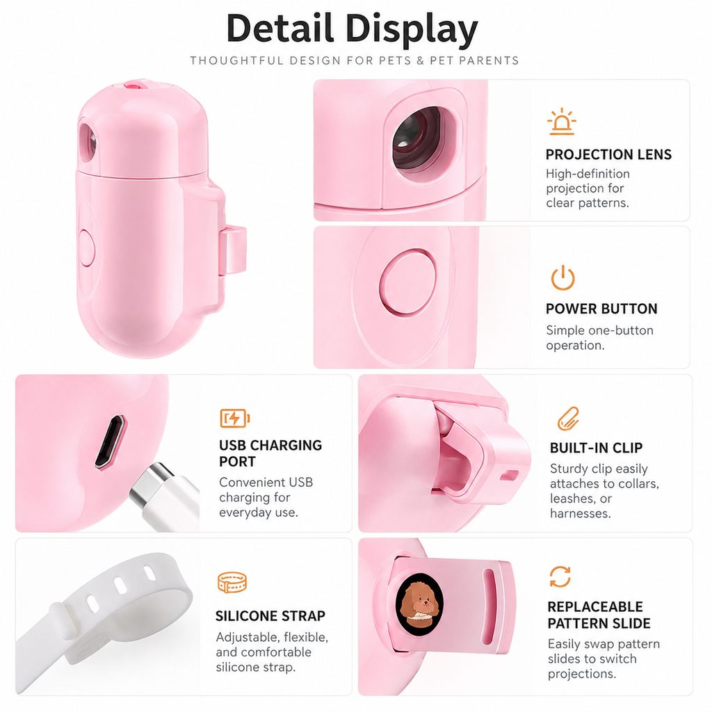Ortekor PawGlow Pink Breed Projector Dog Light for Night Walks - USB Rechargeable Clip-On Pet Light for Extra Visibility & Fun