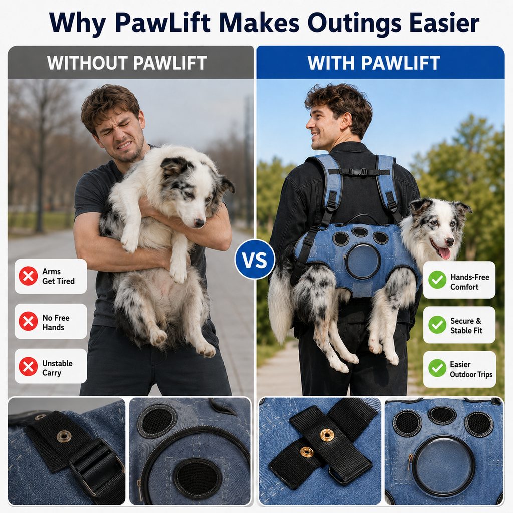 Ortekor PawLift Denim Hands-Free Dog Carrier Backpack Harness for Walks, Shopping & Outdoor Trips - Carry Tired Dogs Without Arm Strain