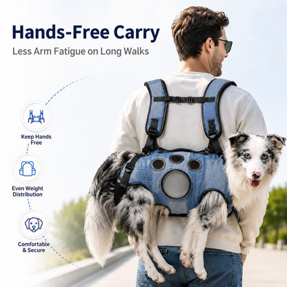 Ortekor PawLift Denim Hands-Free Dog Carrier Backpack Harness for Walks, Shopping & Outdoor Trips - Carry Tired Dogs Without Arm Strain