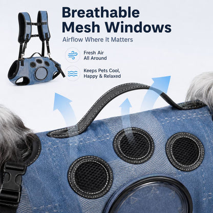 Ortekor PawLift Denim Hands-Free Dog Carrier Backpack Harness for Walks, Shopping & Outdoor Trips - Carry Tired Dogs Without Arm Strain