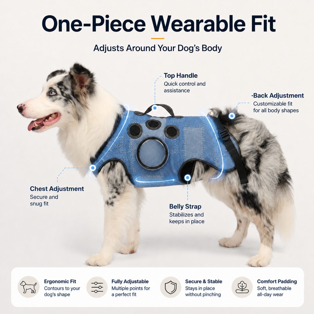 Ortekor PawLift Denim Hands-Free Dog Carrier Backpack Harness for Walks, Shopping & Outdoor Trips - Carry Tired Dogs Without Arm Strain