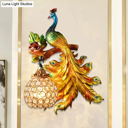 Decorative Bird Wall Sconce with Crystal Orb Shade – Resin Accent Lighting for Living Room, Bedroom & Hallway – Left or Right Facing Design