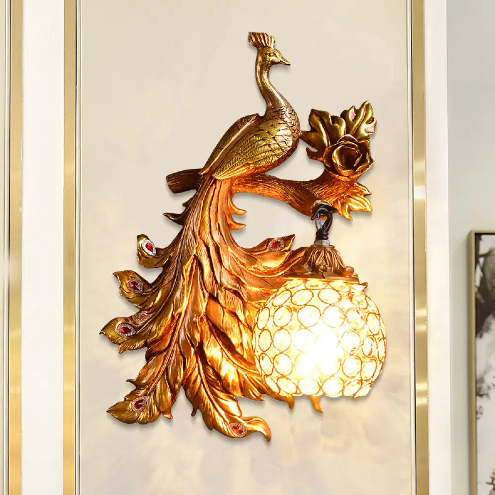 Decorative Bird Wall Sconce with Crystal Orb Shade – Resin Accent Lighting for Living Room, Bedroom & Hallway – Left or Right Facing Design