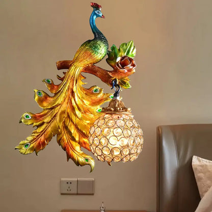 Decorative Bird Wall Sconce with Crystal Orb Shade – Resin Accent Lighting for Living Room, Bedroom & Hallway – Left or Right Facing Design