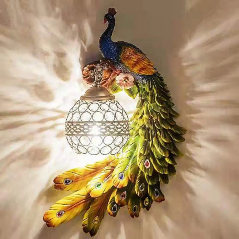 Crystal Globe Bird Wall Light Fixture for Living Room & Hallway | Art Deco Resin Sconce with Jeweled Shade for Bedroom Entryway Indoor