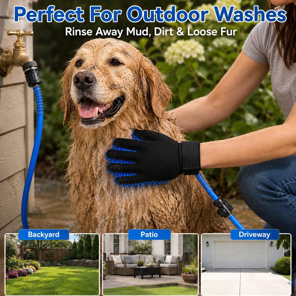 Ortekor Pet Bathing Glove with Hose for Bathtub & Backyard Washes - One-Hand Water Flow Grooming Glove