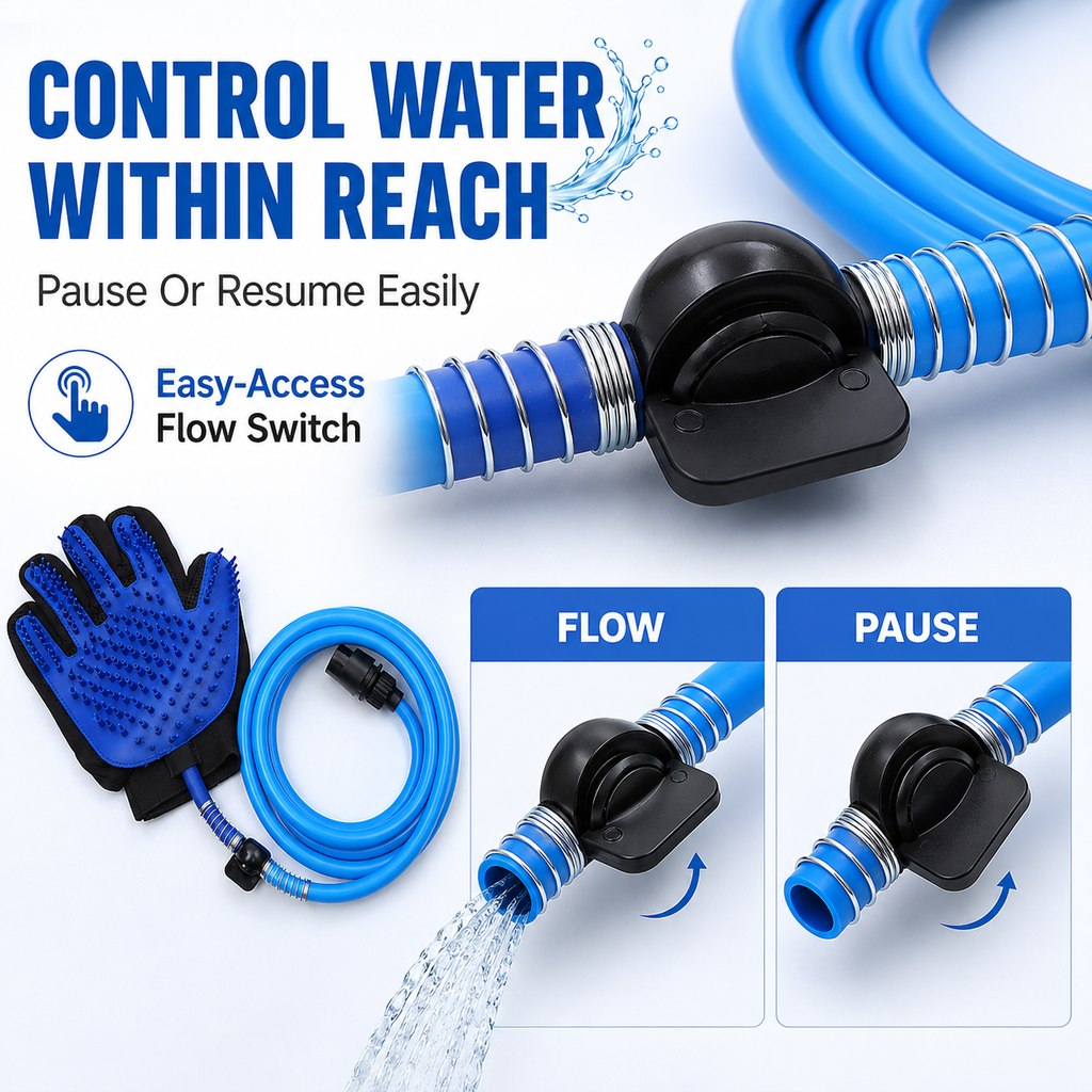 Ortekor Pet Bathing Glove with Hose for Bathtub & Backyard Washes - One-Hand Water Flow Grooming Glove