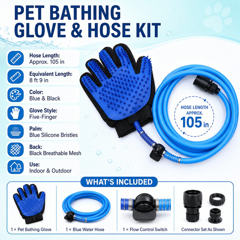 Ortekor Pet Bathing Glove with Hose for Bathtub & Backyard Washes - One-Hand Water Flow Grooming Glove