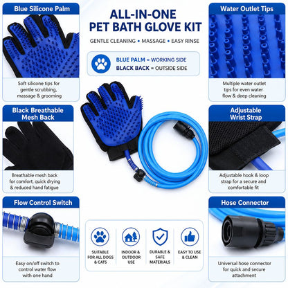Ortekor Pet Bathing Glove with Hose for Bathtub & Backyard Washes - One-Hand Water Flow Grooming Glove