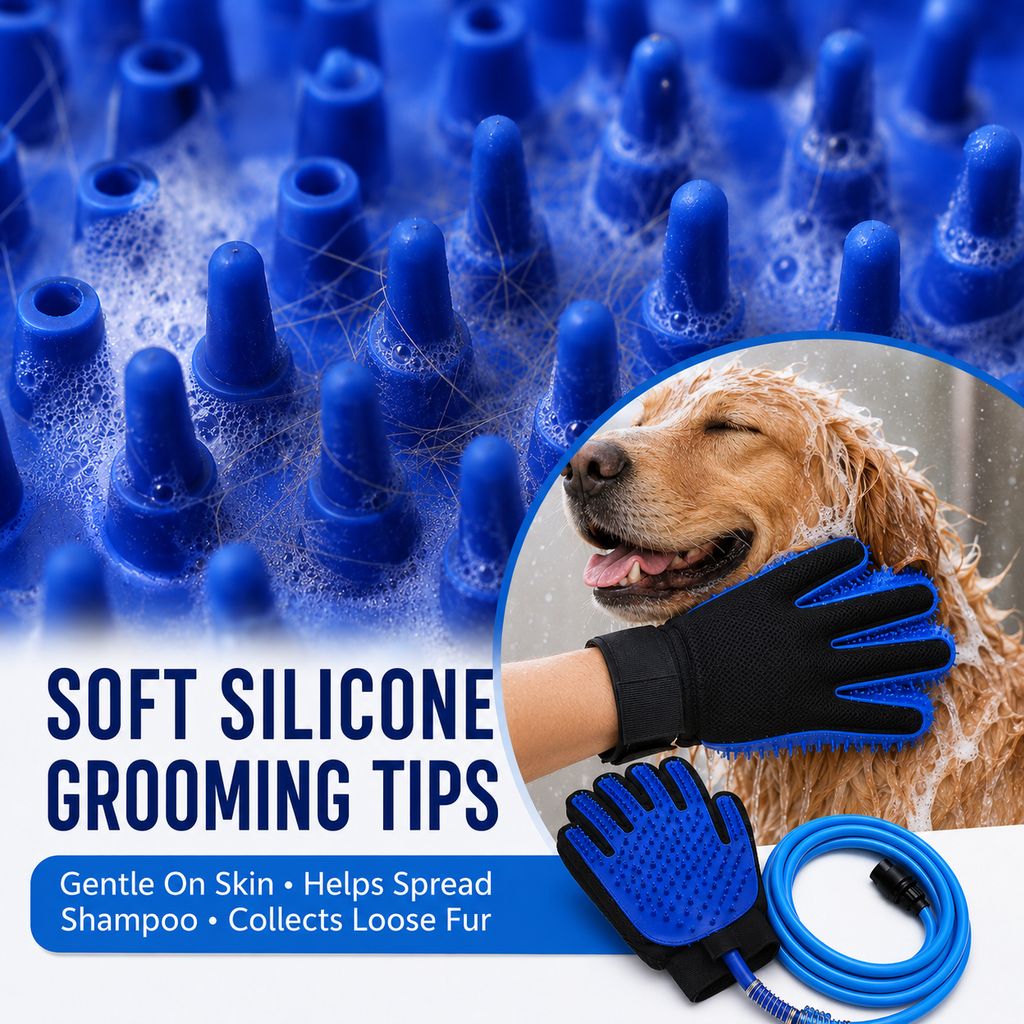 Ortekor Pet Bathing Glove with Hose for Bathtub & Backyard Washes - One-Hand Water Flow Grooming Glove