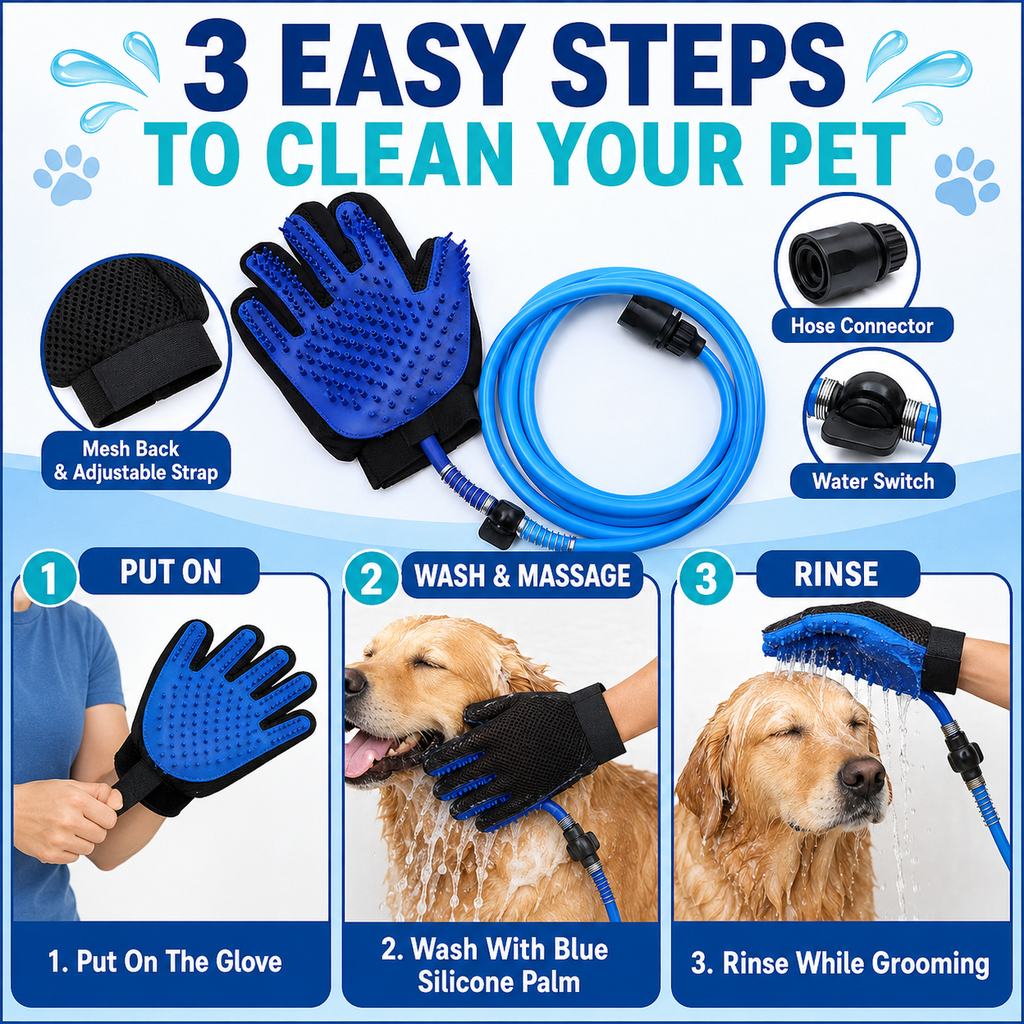 Ortekor Pet Bathing Glove with Hose for Bathtub & Backyard Washes - One-Hand Water Flow Grooming Glove