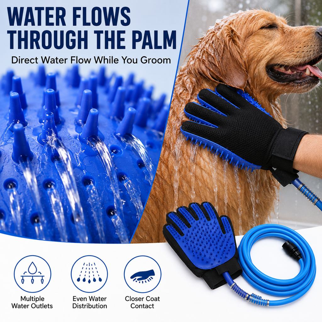 Ortekor Pet Bathing Glove with Hose for Bathtub & Backyard Washes - One-Hand Water Flow Grooming Glove