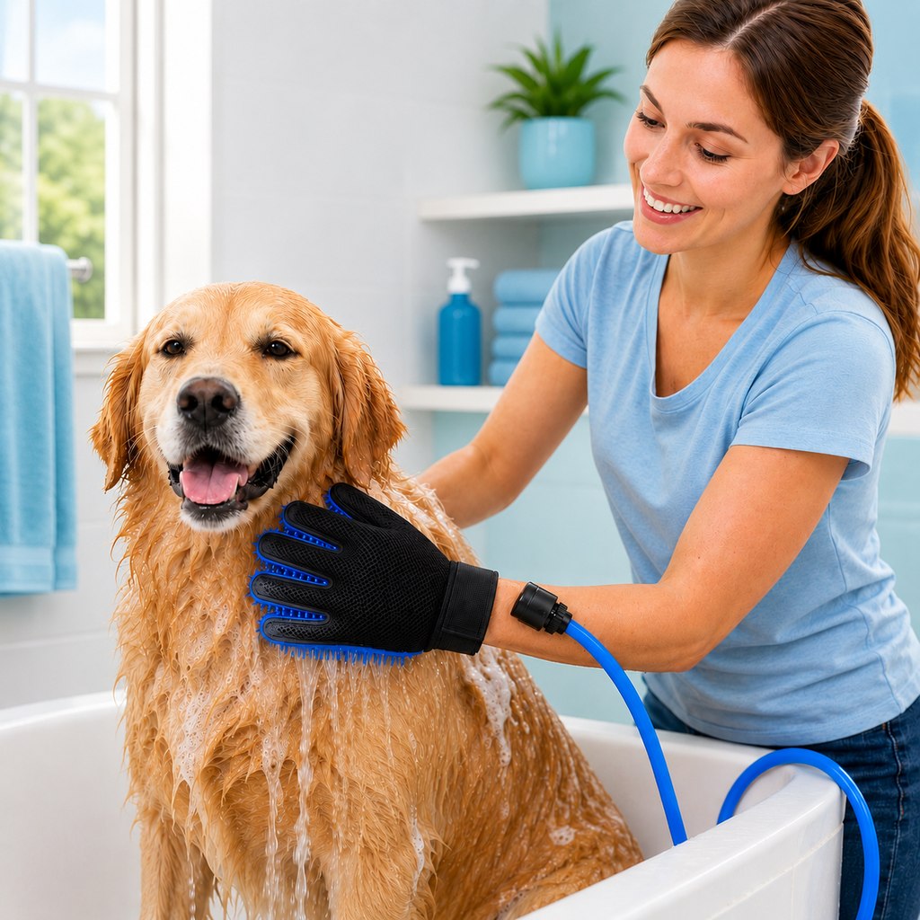 Ortekor Pet Bathing Glove with Hose for Bathtub & Backyard Washes - One-Hand Water Flow Grooming Glove