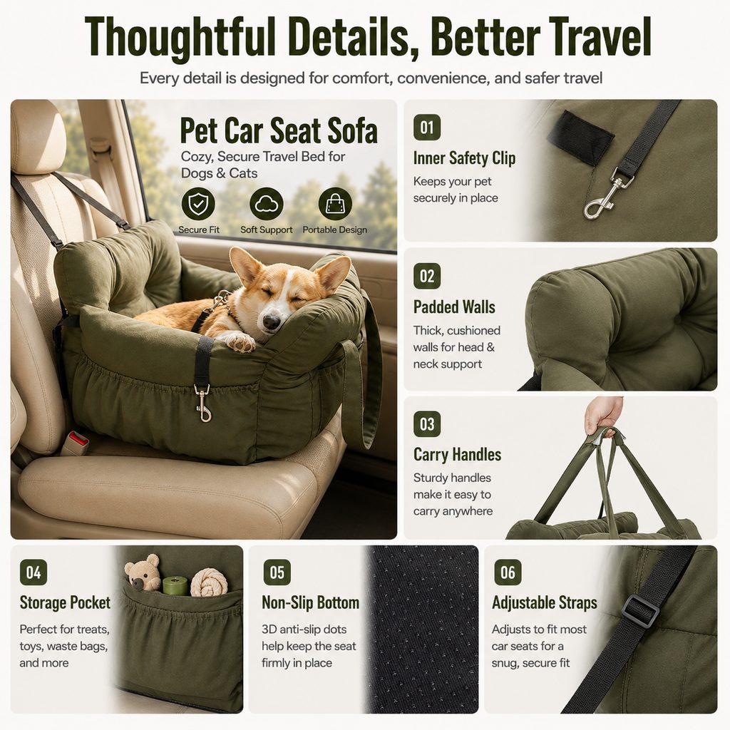 Ortekor Pet Car Seat Sofa for Road Trips - Cozy Travel Bed for Calmer, More Secure Rides