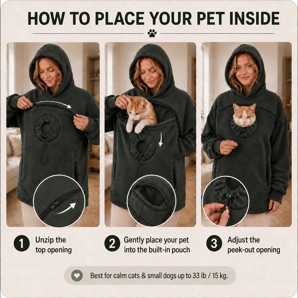 Ortekor Hands-Free Pet Carrier Hoodie – Cozy Front Pouch for Cats & Small Dogs at Home & Everyday Outings