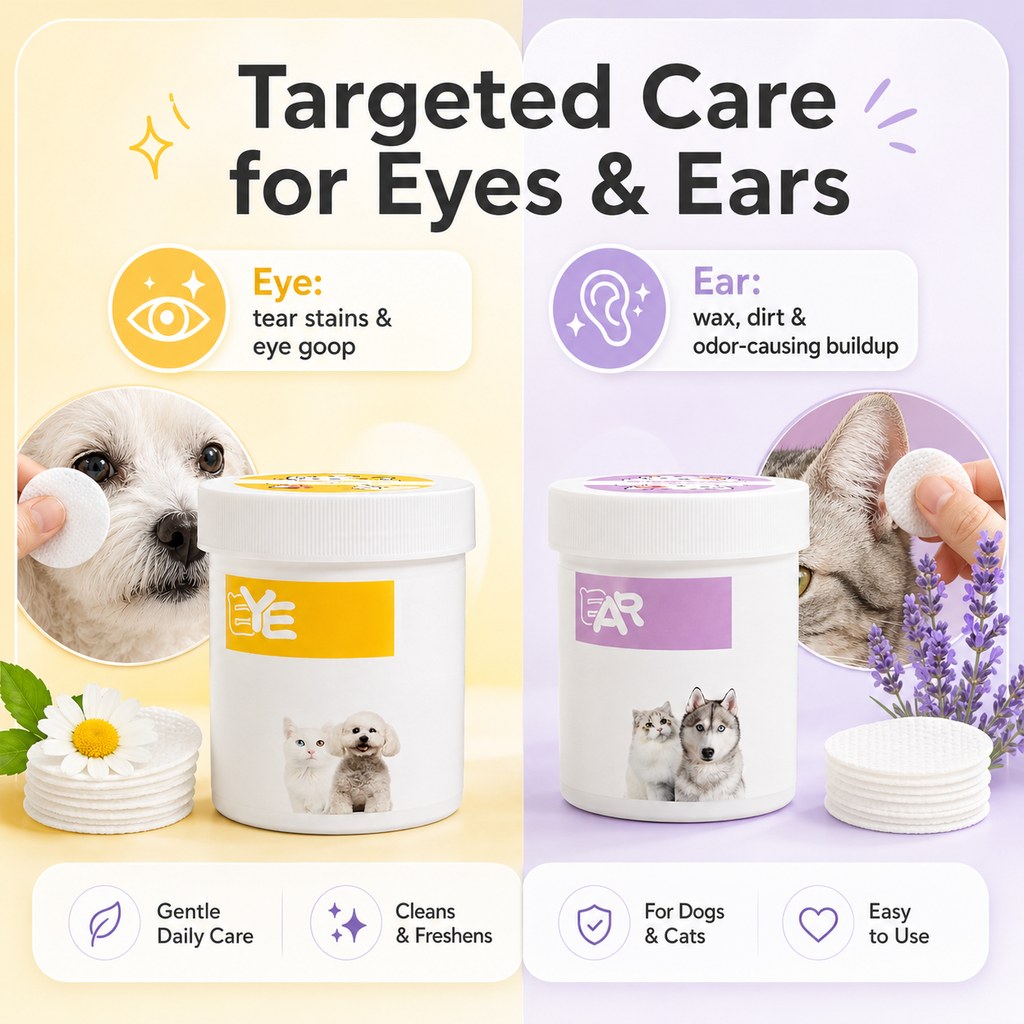 Ortekor Pet Eye & Ear Wipes for Daily Grooming - Gentle Pads for Tear Stains, Eye Goop, Outer Ear Wax & Dirt